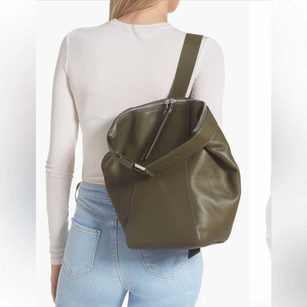 AllSaints Olive Green Textured Leather Backpack